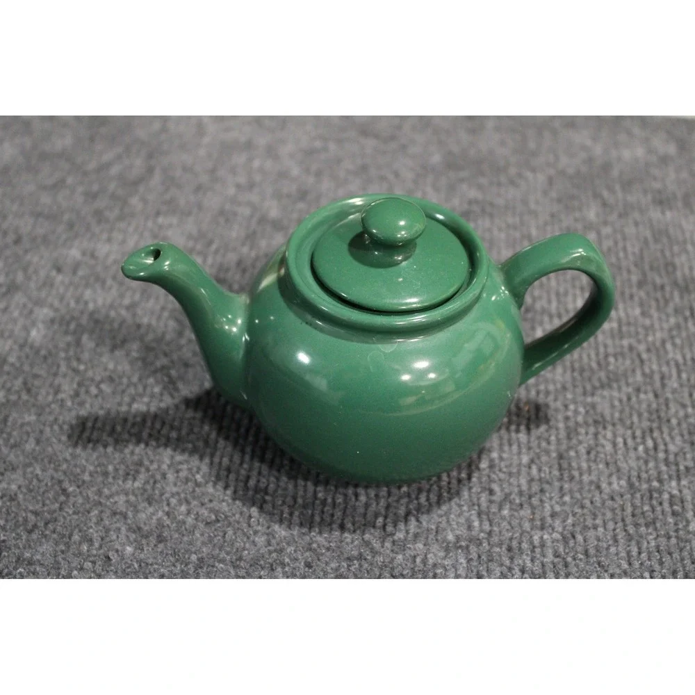 Green Ceramic Small Teapot with Lid Glazed Traditional Round Tea Pot 6.5in Wide
